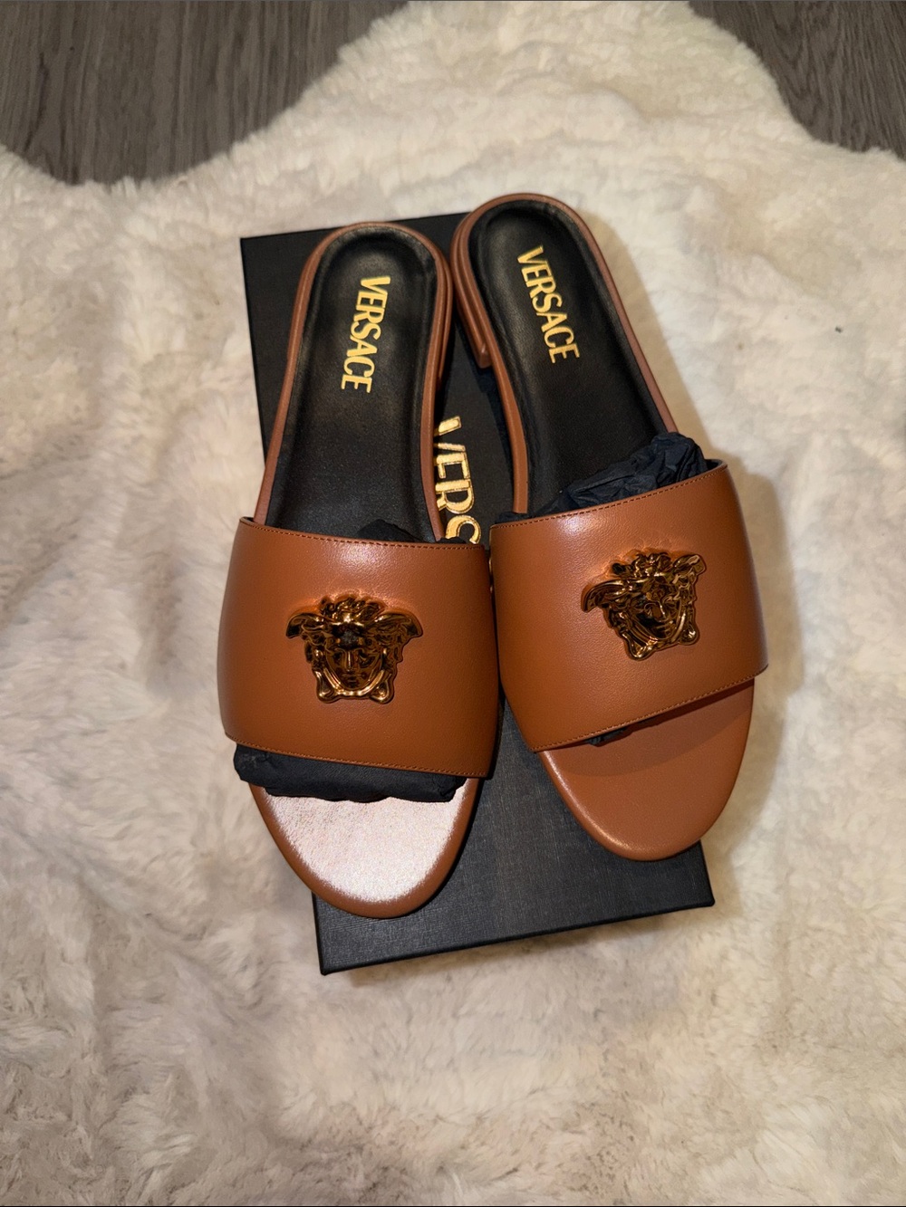Versace Brown Leather Medusa Slide Sandals with Gold Emblem